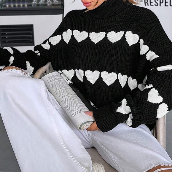 LOVE LINES Cozy Black + White Ribbed Relaxed Fit Turtleneck Sweater S M L - Picture 7 of 7
